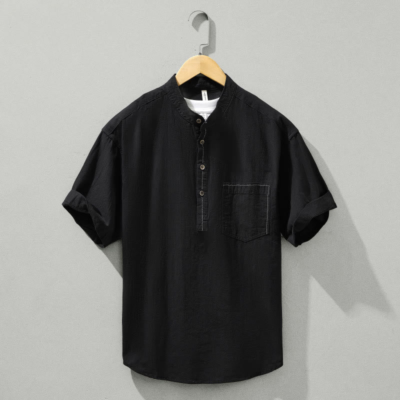 Buddha Stones Summer Solid Men's Half Button Short Sleeve Cotton Shirt