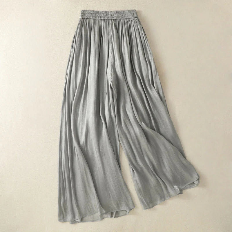 Buddha Stones Light Gray Pleated Design Elastic Waist Women's Wide Leg Pants With Pockets