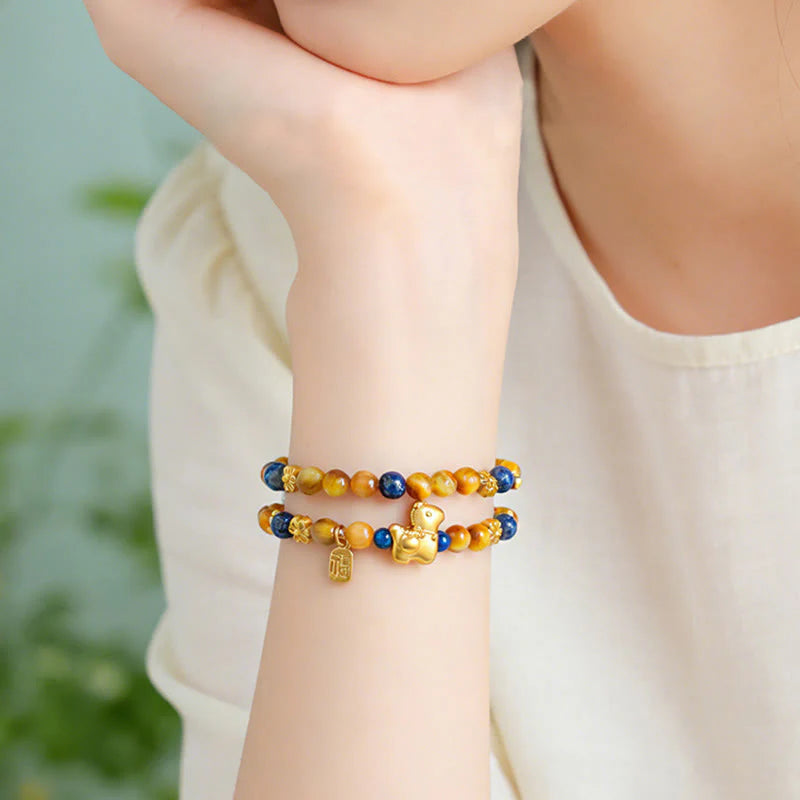 Buddha Stones Year Of The Horse Fu Character Lazurite Lapis Lazuli Tiger Eye Serenity Double Wrap Bracelet
