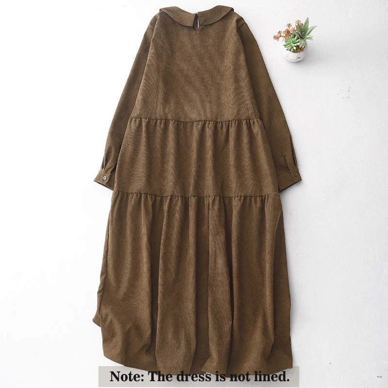 Buddha Stones Button Design Corduroy Peter Pan Collar Long Sleeve Midi Dress With Pockets
