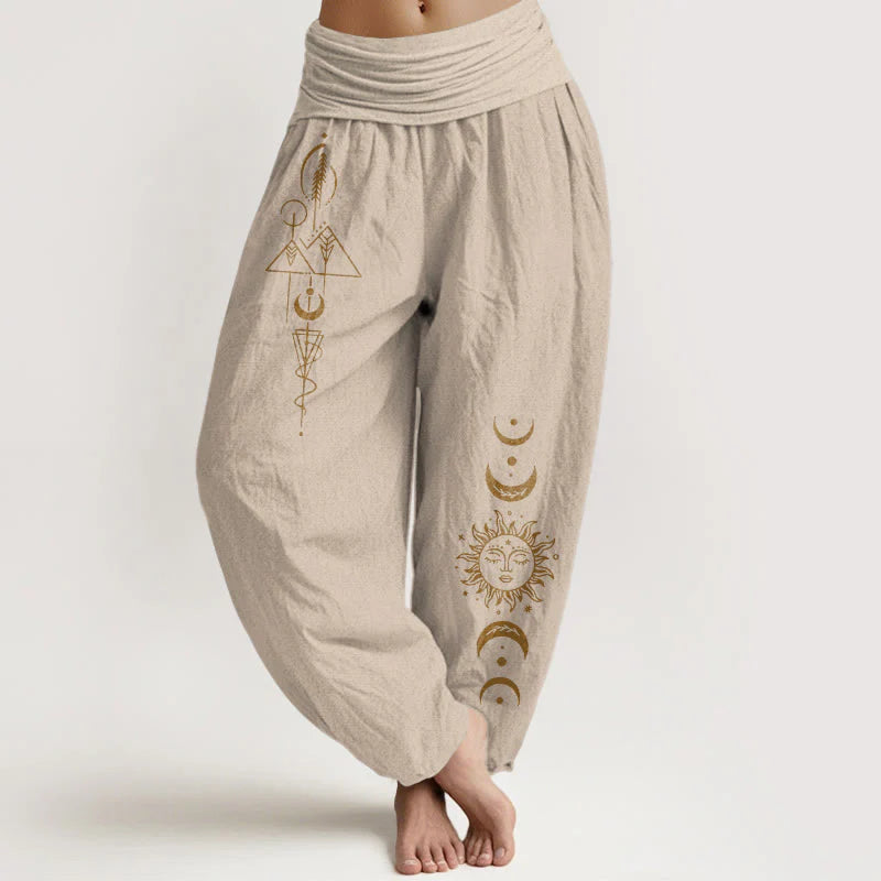 Buddha Stones Pure Cotton Concise Sun Moon Geometric Pattern Women's Elastic Waist Harem Pants