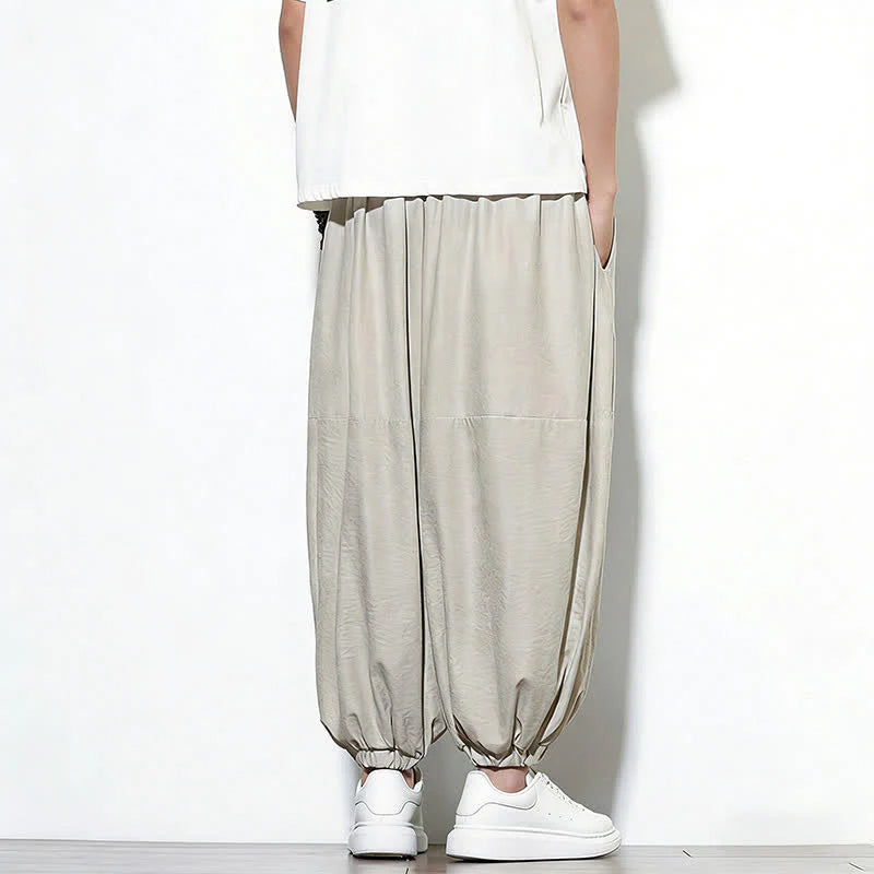 Buddha Stones Spring Solid Color Drawstring Cropped Men's Harem Cotton Pants With Pockets