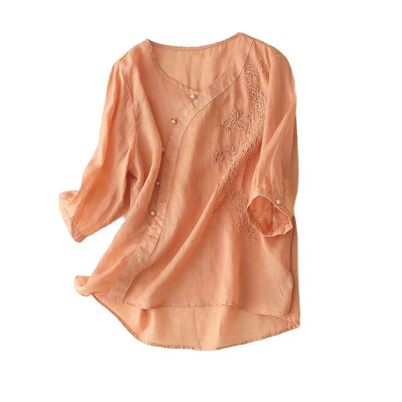 Buddha Stones Casual Loose Flower Embroidery Frog Button Short Sleeve Women's Shirt
