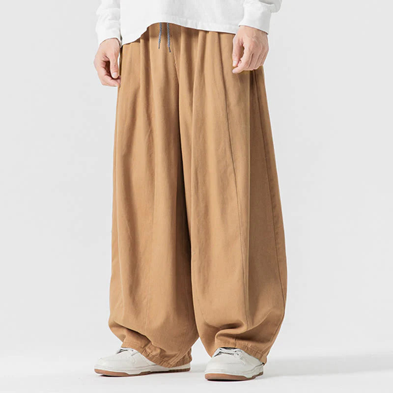 Buddha Stones Fall Solid Color Cotton Elastic Waist Men's Harem Pants With Pockets