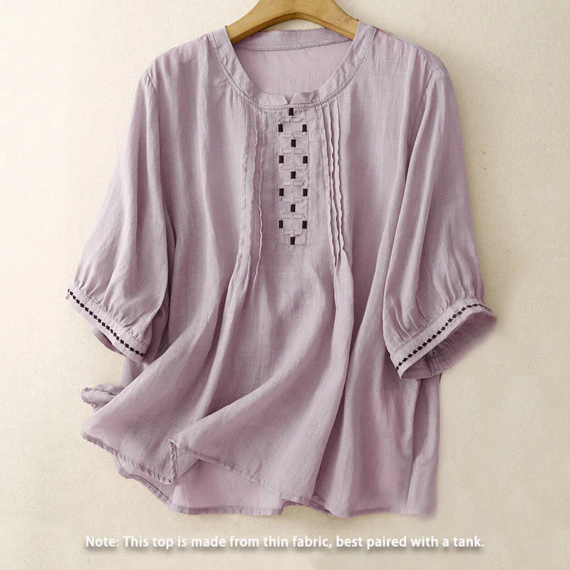Buddha Stones Embroidery Crew Neck Pleats Women's Cotton Linen Half Sleeve T-shirt