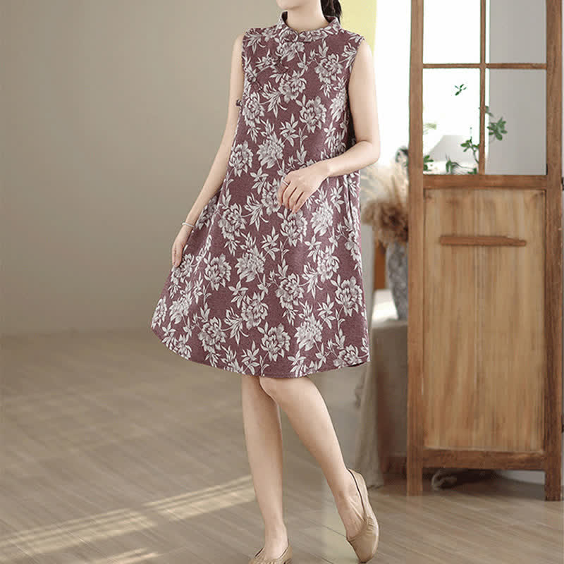 Buddha Stones Frog-button Mandarin Collar Floral Pattern Sleeveless Cotton Mini Dress With Pockets