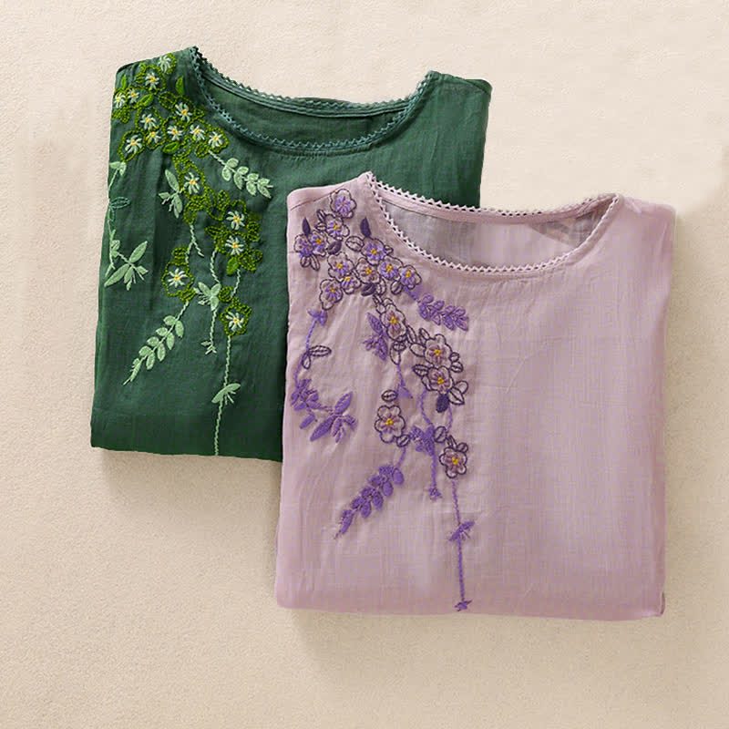 Buddha Stones Retro Embroidery Floral Pattern Short Sleeve Crew Neck Women's Shirt