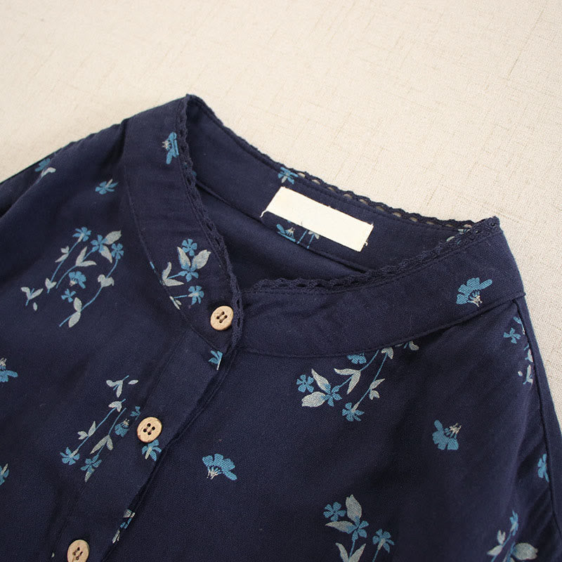 Buddha Stones Spring Small Floral Print Buttons Design Crew Neck Long Sleeve Midi Dress With Pockets