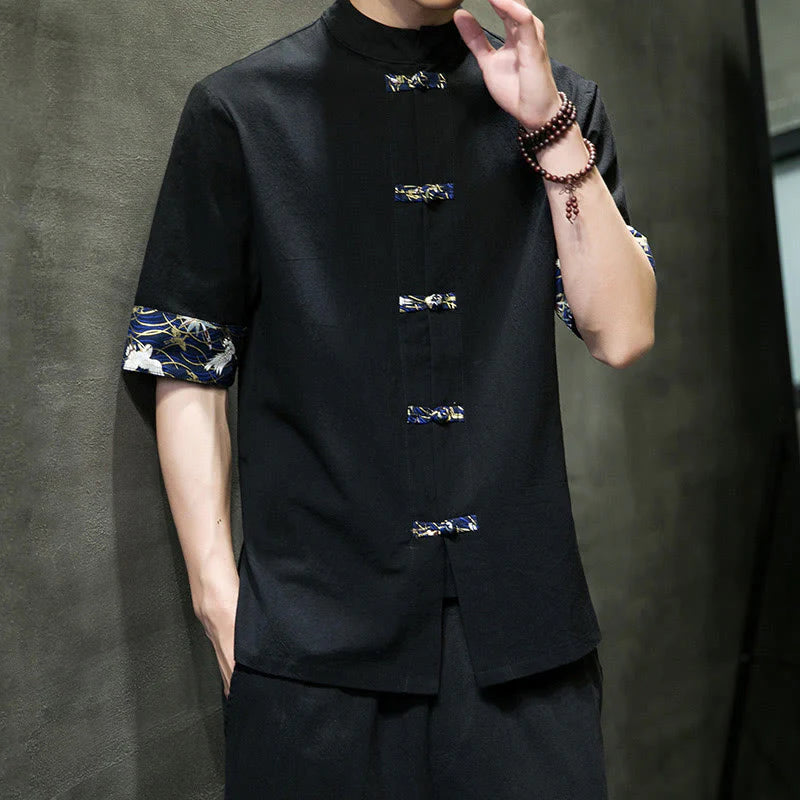 Buddha Stones Solid Color Frog-Button Stand Collar Men's Short Sleeve White Crane Cotton Shirt