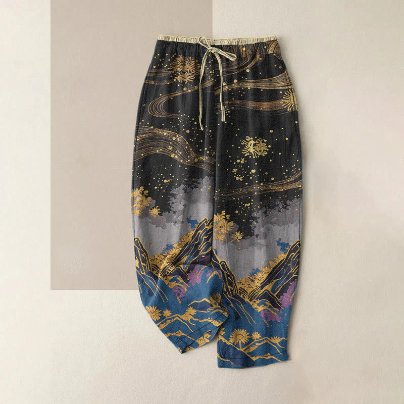 Buddha Stones Pure Cotton Flower Petal Pattern Women's Elastic Waist Pants With Pockets