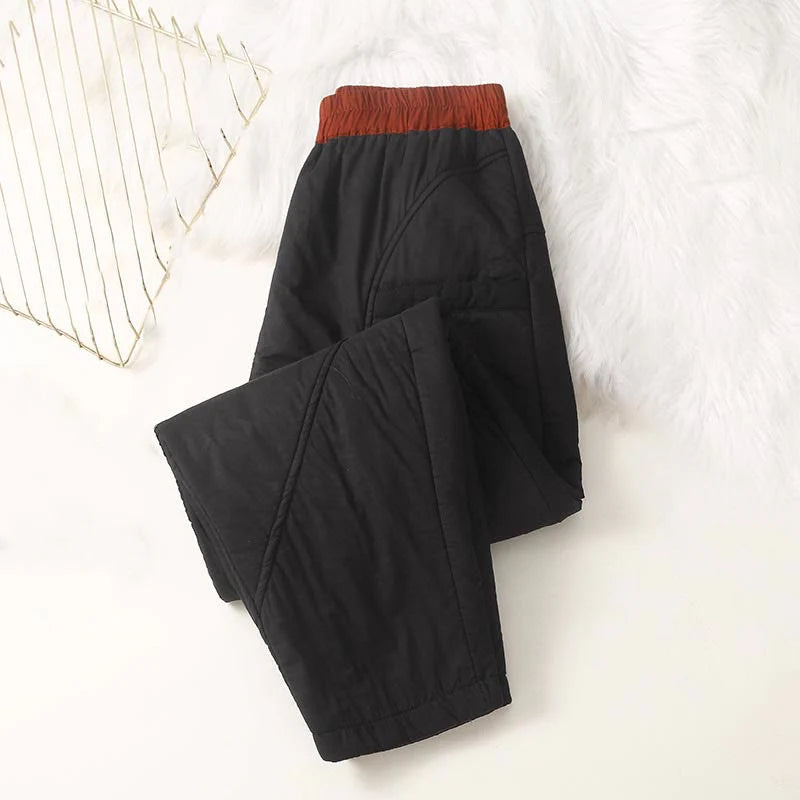 Buddha Stones Women's Winter Plain Elastic Waist Design Thickened Harem Pants With Pockets