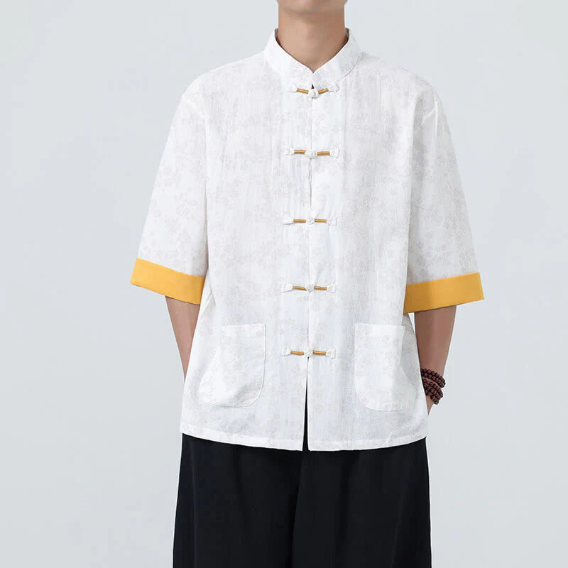 Buddha Stones Summer Peach Blossoms Pattern Chinese Frog-Button Cotton Linen Short Sleeve Men's Shirt