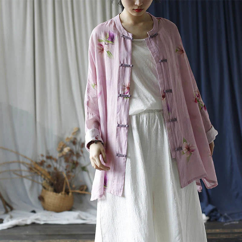 Buddha Stones Pink Flower Print Frog-button Design Batwing Long Sleeve Ramie Linen Jacket Shirt