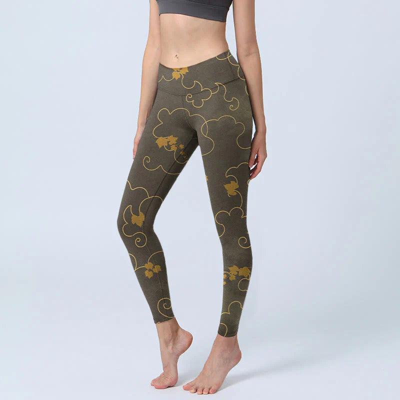 Buddha Stones Auspicious Cloud Maple Leaf Pattern Print Gym Leggings Women's Yoga Pants