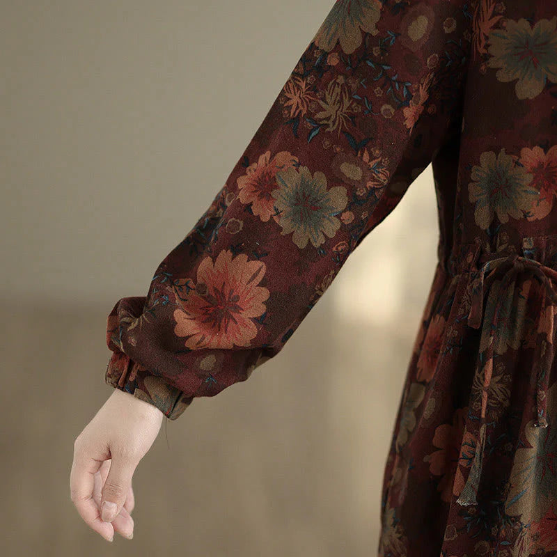 Buddha Stones Flower Pattern Long Sleeve Cotton Midi Dress With Pockets