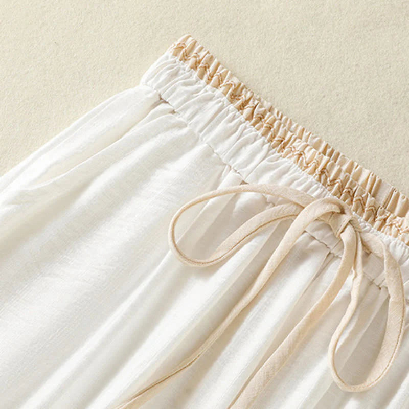 Buddha Stones Vintage Casual Pure Color Drawstring Ankle-Length Women's Cotton Linen Pants With Pockets