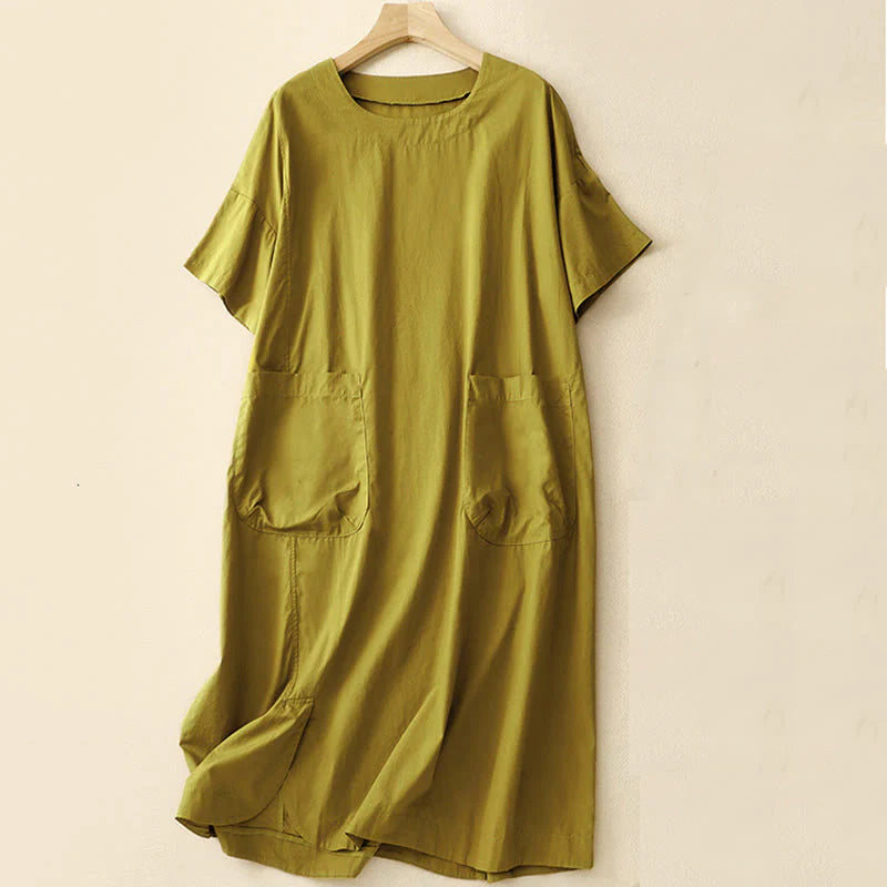 Buddha Stones Summer Plain Crew Neck Simple Short Sleeve Design Midi Dress With Pockets