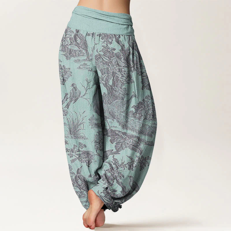 Buddha Stones Cotton Birds Trees Branches Pattern Women's Elastic Waist Harem Pants