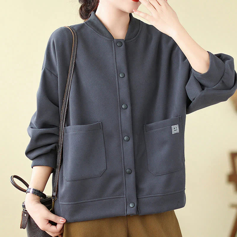 Buddha Stones Plain Women's Buttons Crew Neck Long Sleeve Cotton Jacket With Pockets
