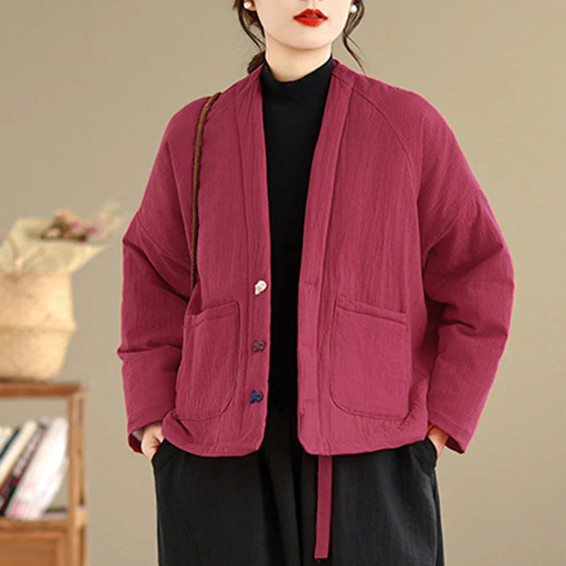 Buddha Stones Winter Long Sleeve Cotton Women's Thermal Jacket With Pockets
