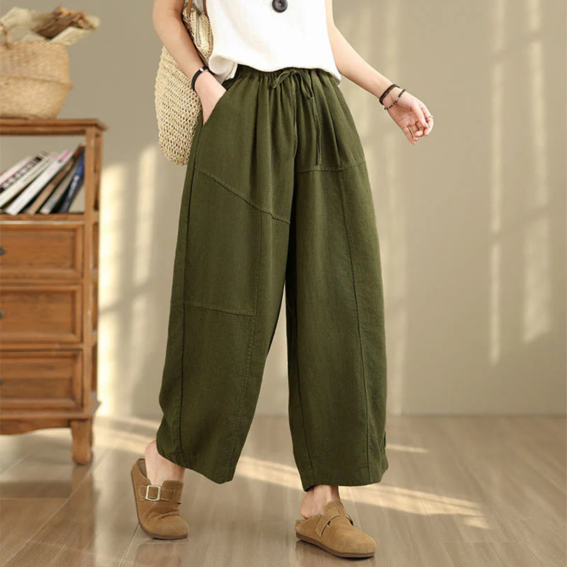 Buddha Stones Women's Fall Plain Color Drawstring Cotton Linen 7-8 Length Pants With Pockets