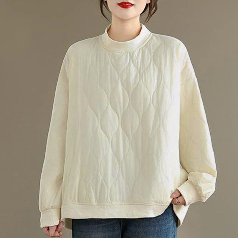 Buddha Stones Fall Solid Curved design Crew Neck Long Sleeve Women's Cotton Sweatshirt With Pockets