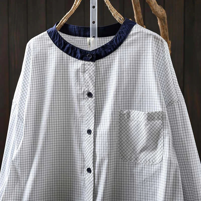 Buddha Stones Plaid Contrasting Buttons Down Long Sleeve Women's Cotton Shirt