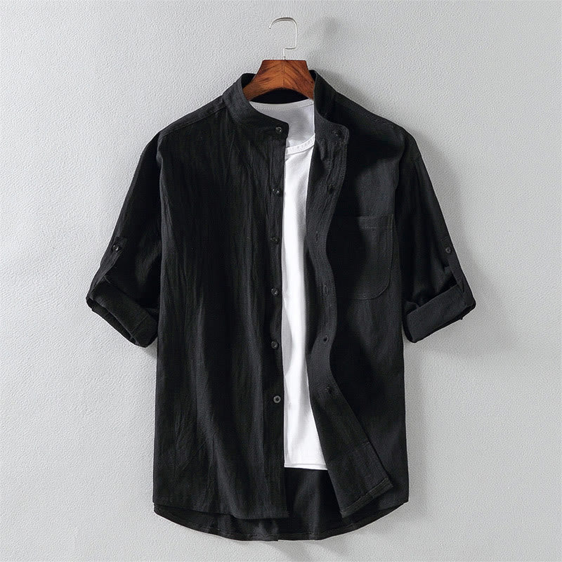 Buddha Stones Summer Solid Men's Buttons Half Sleeve Cotton Linen Shirt