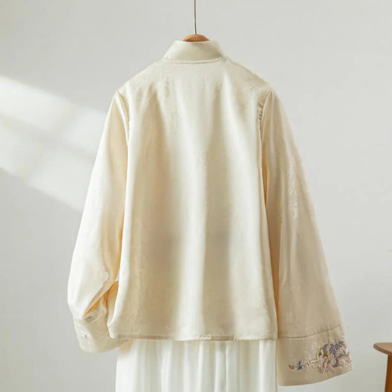 Buddha Stones Fall Flower Embroidery Frog-Button Design Long Sleeve Women's Jacket