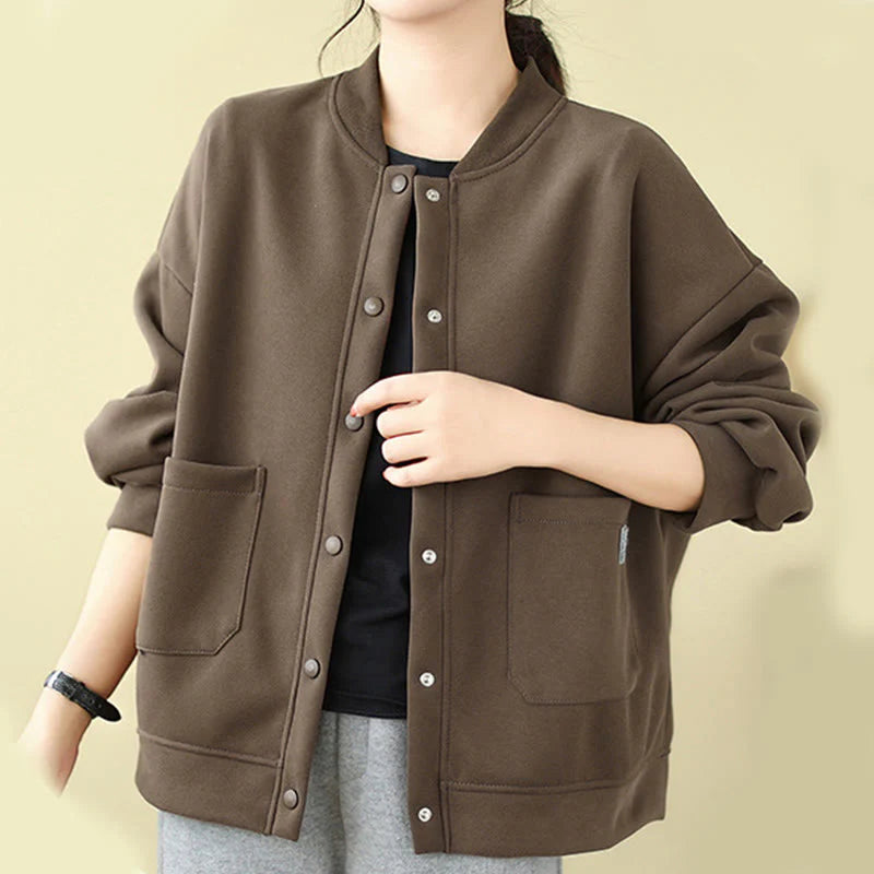 Buddha Stones Plain Women's Buttons Crew Neck Long Sleeve Cotton Jacket With Pockets