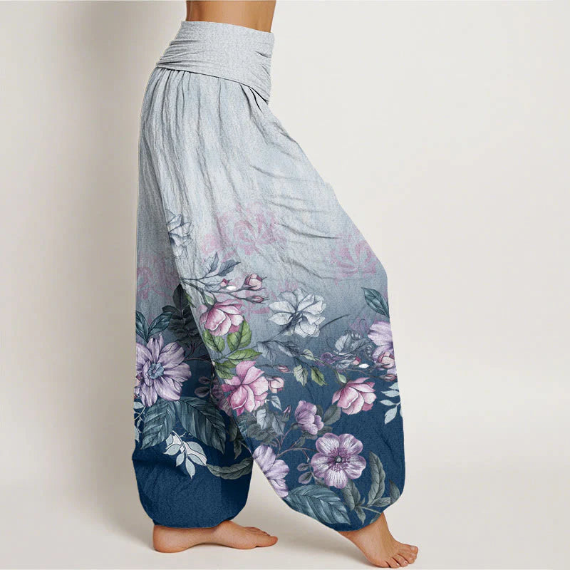 Buddha Stones Cotton Casual Gradient Petals Leaves Pattern Women's Elastic Waist Harem Pants