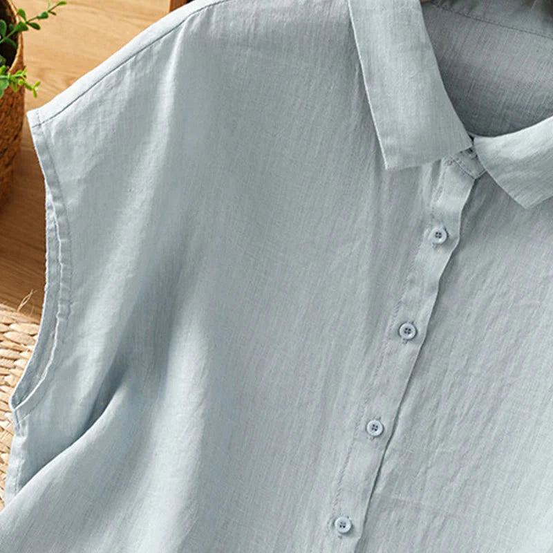 Buddha Stones Summer Plain Color Button Short Sleeve Women's Cotton Shirt