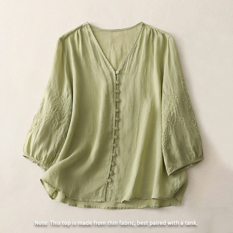 Buddha Stones Embroidery Button-down Women's Cotton Linen Shirt
