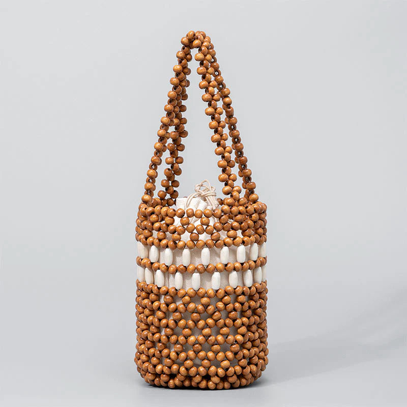 Buddha Stones Hand-woven Bucket Portable Wooden Beads Handbag