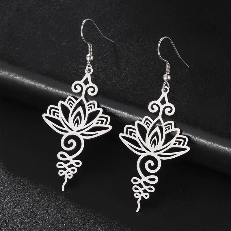 Buddha Stones Hollow Lotus Flower Stainless Steel Enlightenment Metal Drop Earrings