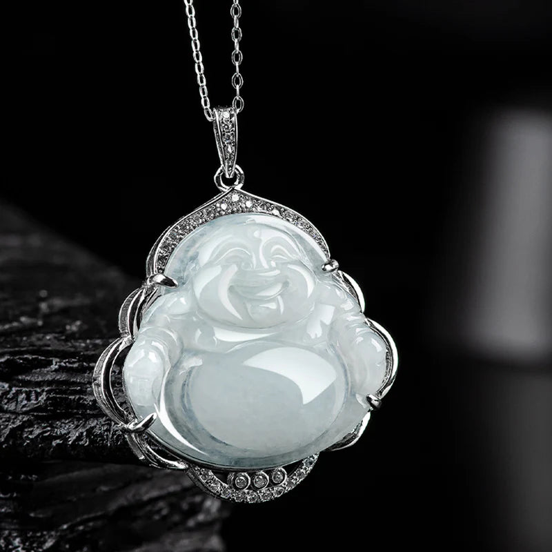 Buddha Stones Laughing Buddha Natural Jade Abundance Titanium Steel Chain Necklace Pendant