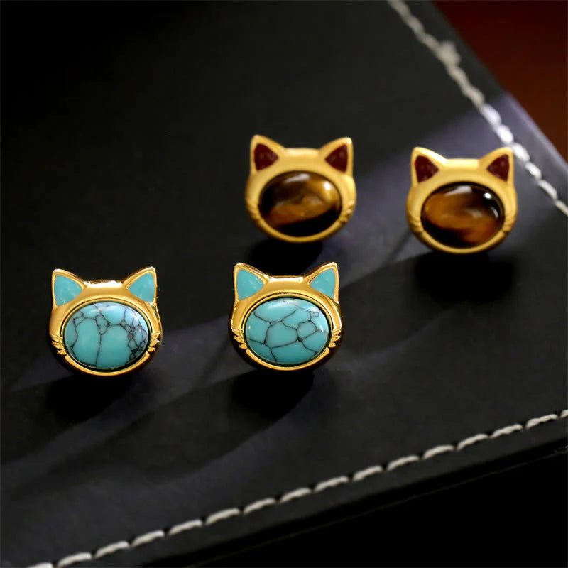 FREE Today: Protection and Courage Turquoise Tiger Eye Cat Head Design Copper Stud Earrings
