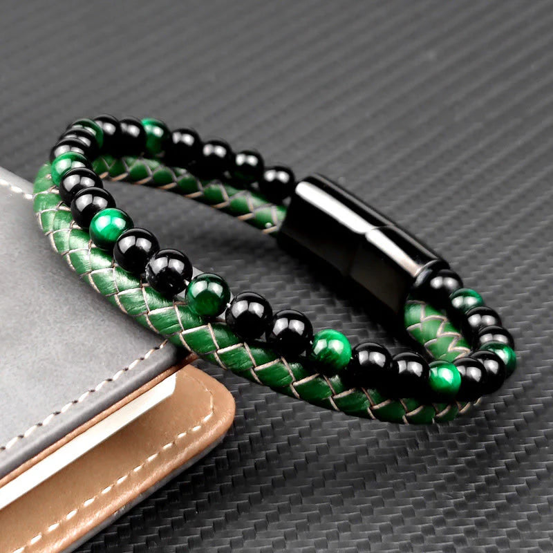Buddha Stones Green Tiger Eye Double Wrap Braided Leather Strength Bracelet