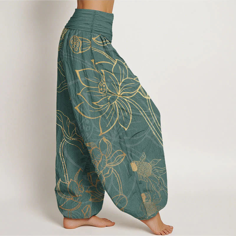 Buddha Stones Cotton Lotus Leaf Koi Fish Women's Elastic Waist Harem Pants