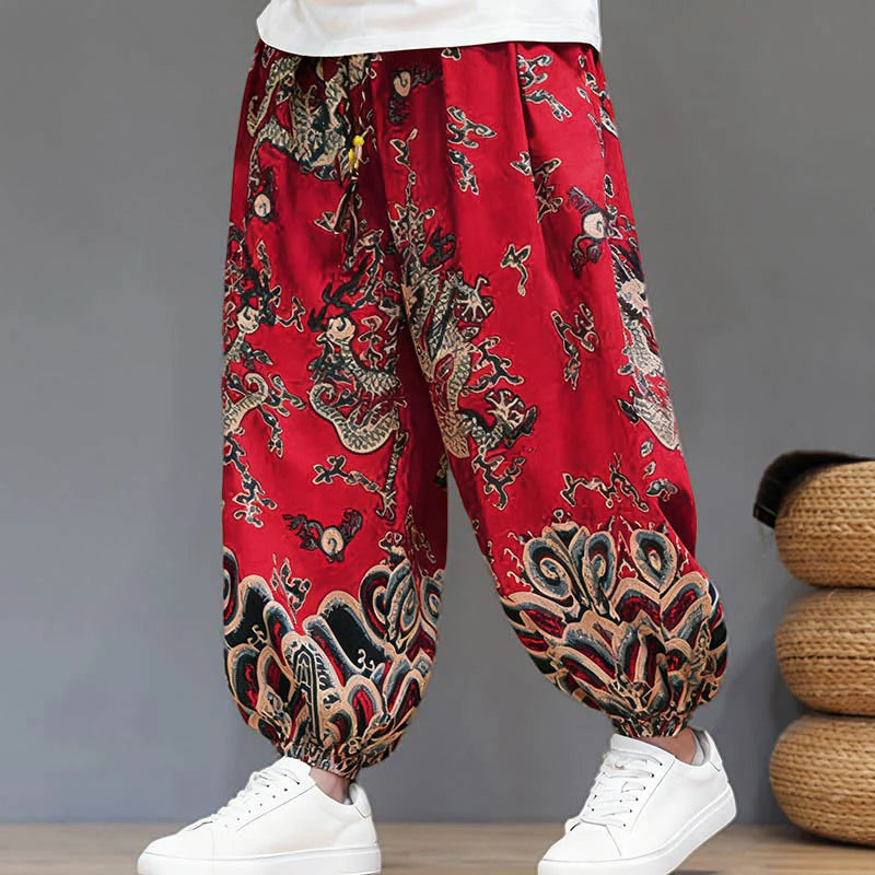 Buddha Stones Summer Dragon Drawstring Design Cotton Linen Men's Harem Pants With Pockets