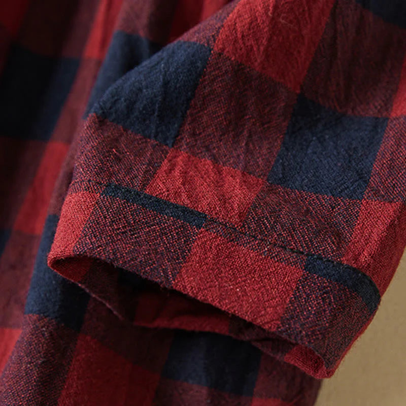 Buddha Stones Contrast Color Plaid Buttons Design Long Sleeve Midi Dress With Pockets
