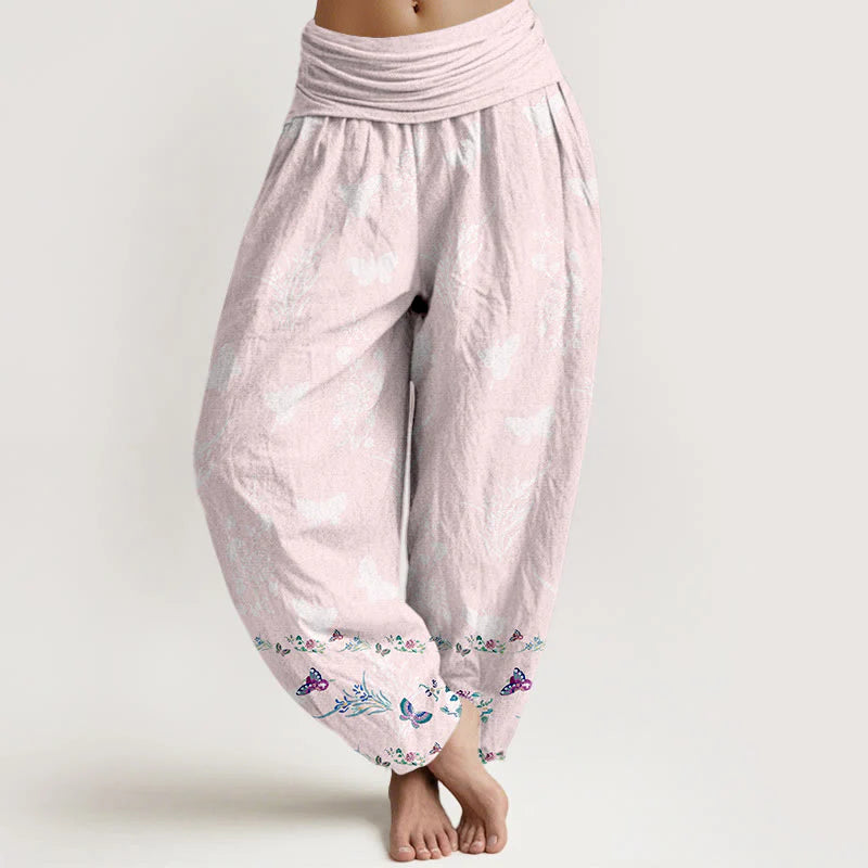 Buddha Stones Pure Cotton Trouser Legs Neatly Arranged Butterfly Grass Flower Pattern Women's Elastic Waist Harem Pants