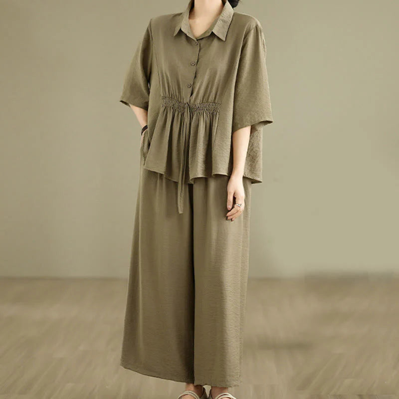 Buddha Stones 2pcs Casual Women's Stand Collar Shirt Loose Pants Meditation Clothing Set