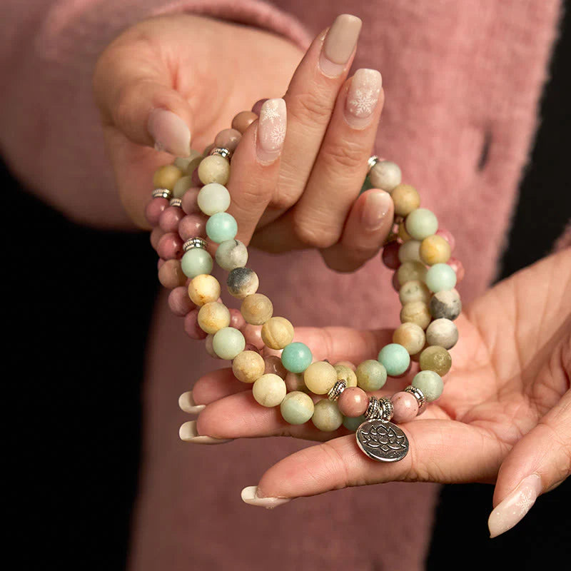 Buddha Stones 108 Mala Rhodonite Amazonite Beads Lotus Compassion Bracelet
