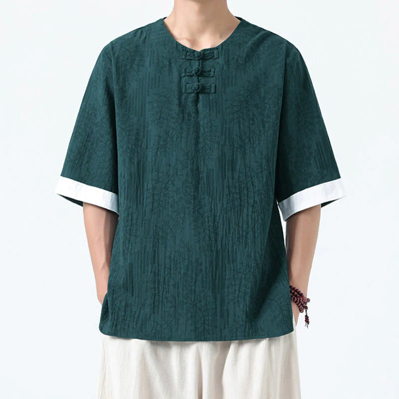 Buddha Stones Summer Flowers Grass Pattern Tang Suit Men's Frog-Button Half Sleeve Cotton Shirt