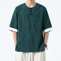 Buddha Stones Summer Flowers Grass Pattern Tang Suit Men's Frog-Button Half Sleeve Cotton Shirt