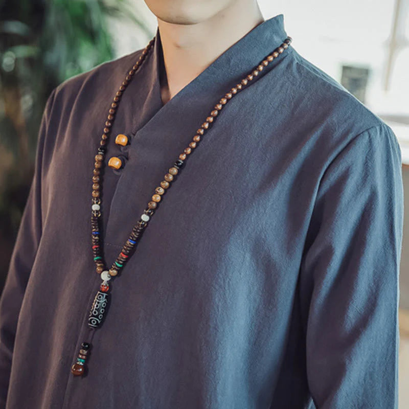 Buddha Stones 2Pcs Shirt Ankle-Length Pants With Pockets Men's Meditation Cloth Set
