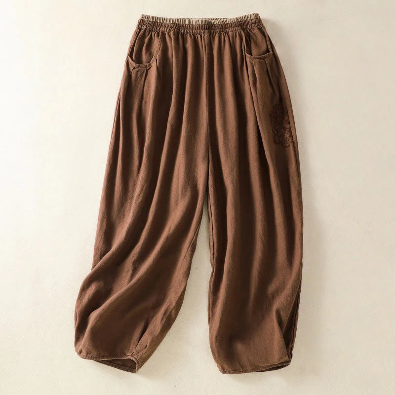 Buddha Stones Casual Embroidery Women's Cotton Linen 7-8 Length Harem Pants With Pockets