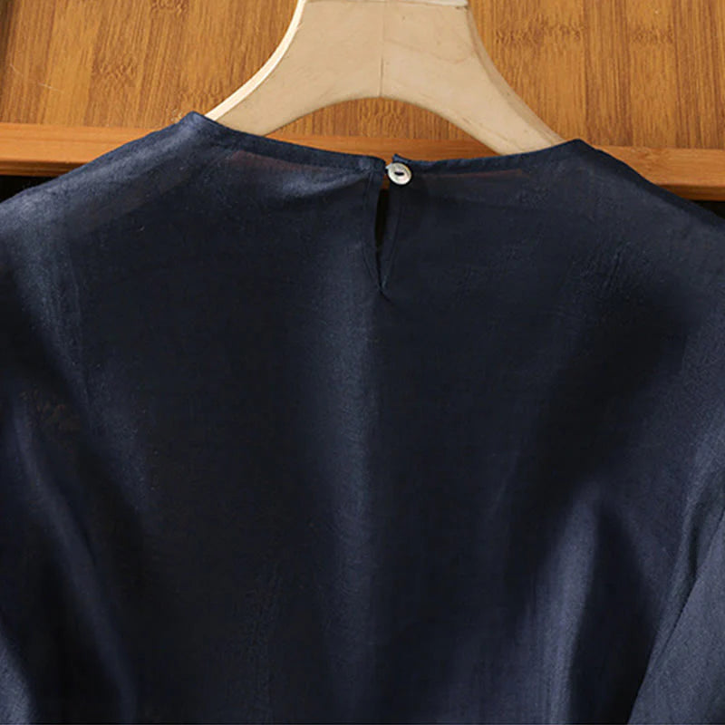 Buddha Stones Casual Pure Color Crew Neck Women's Cotton Linen Three Quarter Sleeve Shirt