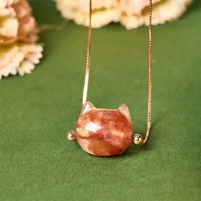 Buddha Stones 925 Sterling Silver Cat Head Natural Red Flower Quartz Protection Necklace Pendant